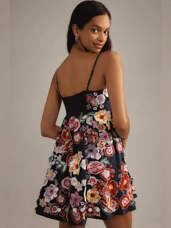 Anthropologie 3D Floral Embroidered Babydoll Mini Dress Navy Size Large - Picture 7 of 11